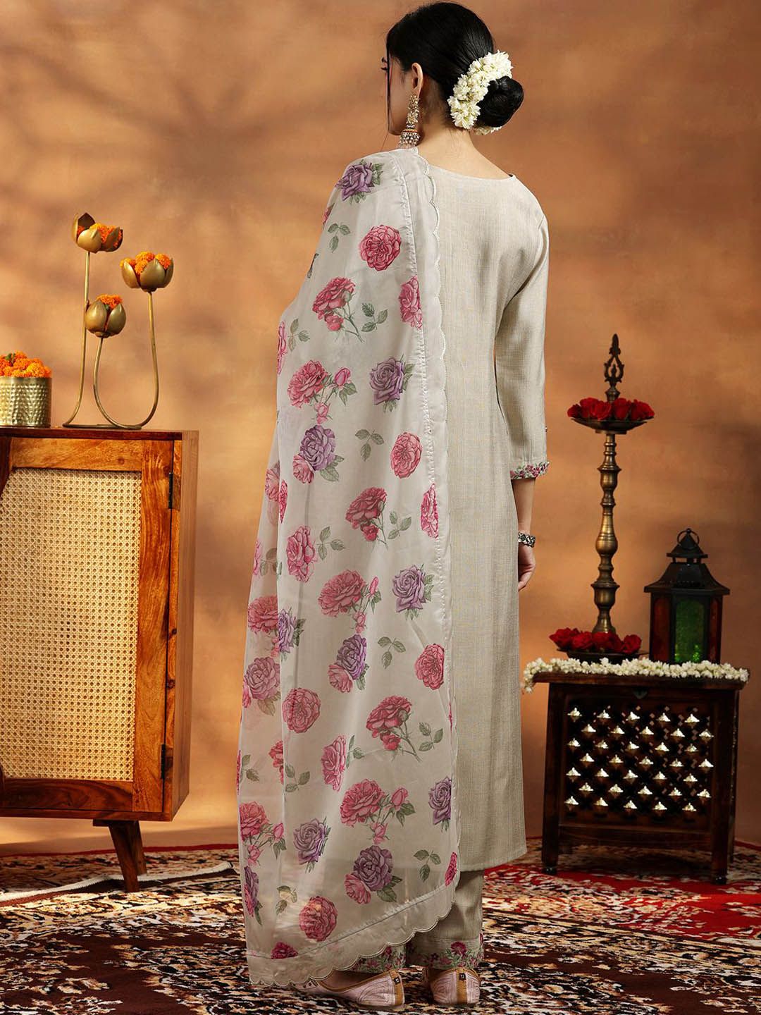 Libas Floral Yoke Design V-Neck Thread Work A-Line Kurta With Trousers And Dupatta