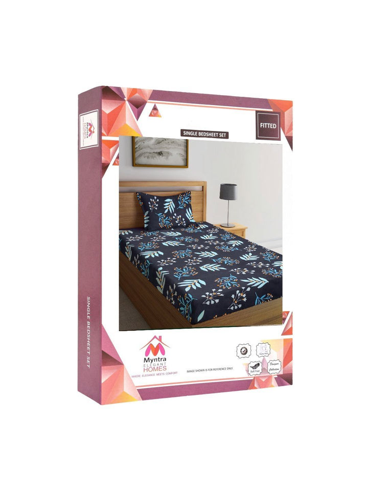 Myntra Elegant Homes Black Floral Cotton Breathable 300 TC Fitted Single Fine Bedsheet with a Pillow Cover-87 x 59 inches