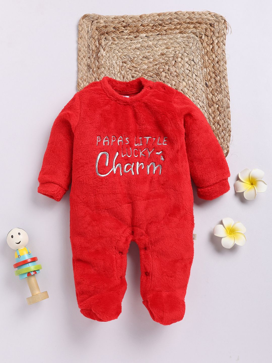 Moms Love Infant Girls Cotton Faux Fur Embroidered Sleepsuit
