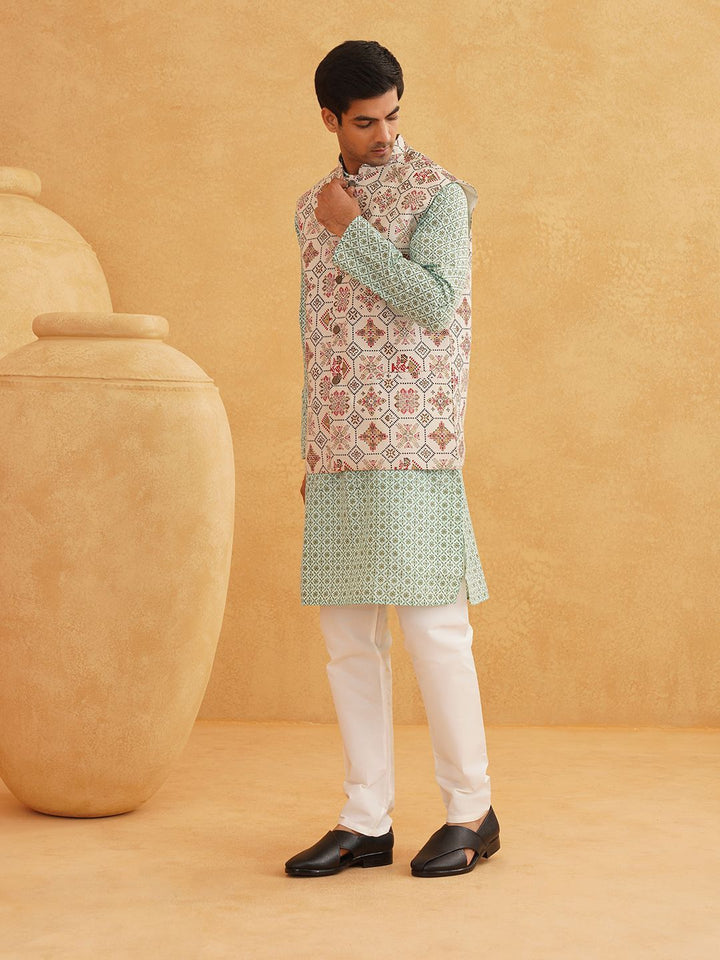SOJANYA Motif Etnik Bercetak Kurta Lurus Kolar Mandarin Dengan Piyama Dan Jaket Nehru