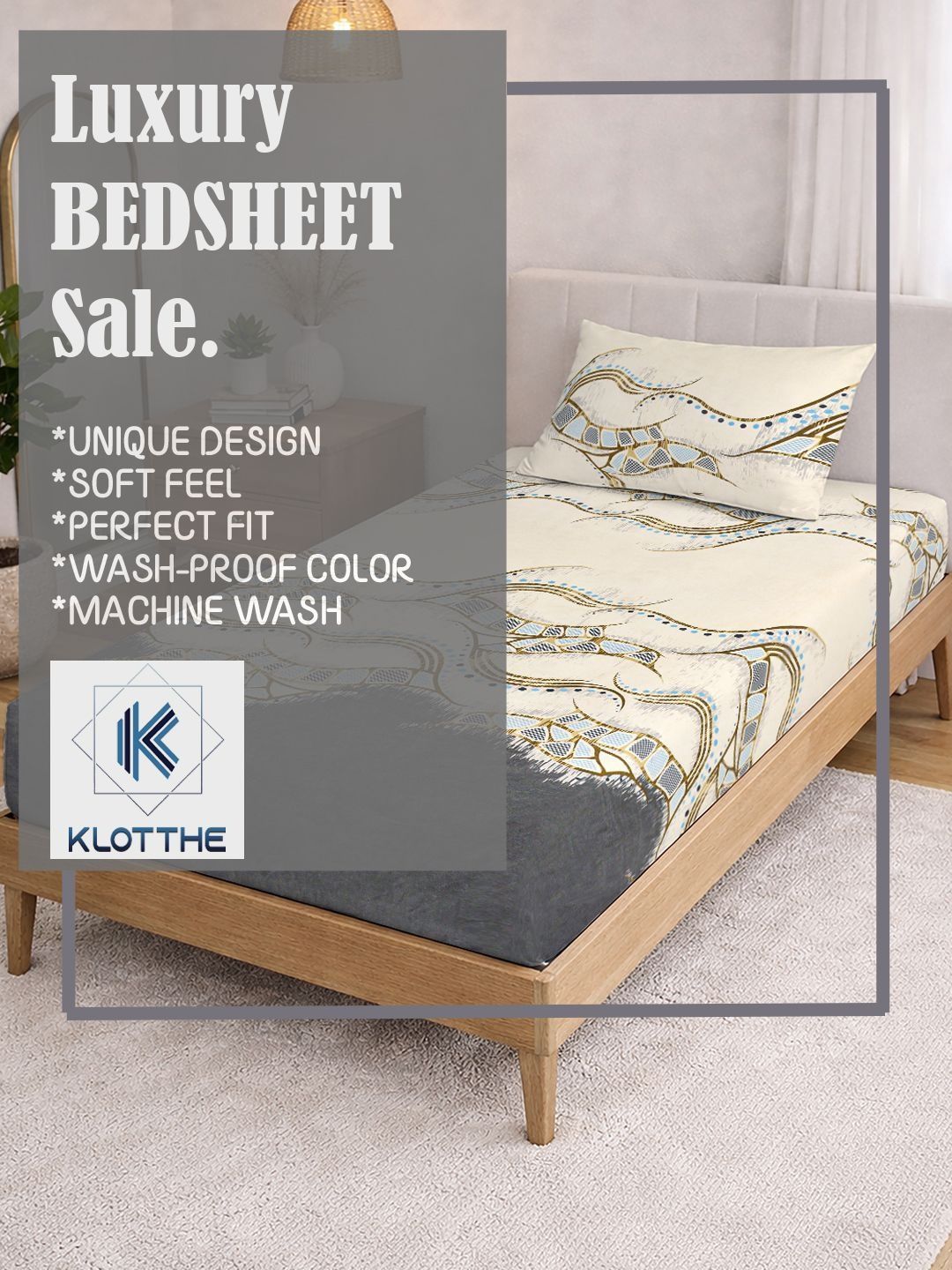 KLOTTHE Cream Abstract Printed 300 TC Single Bedsheets