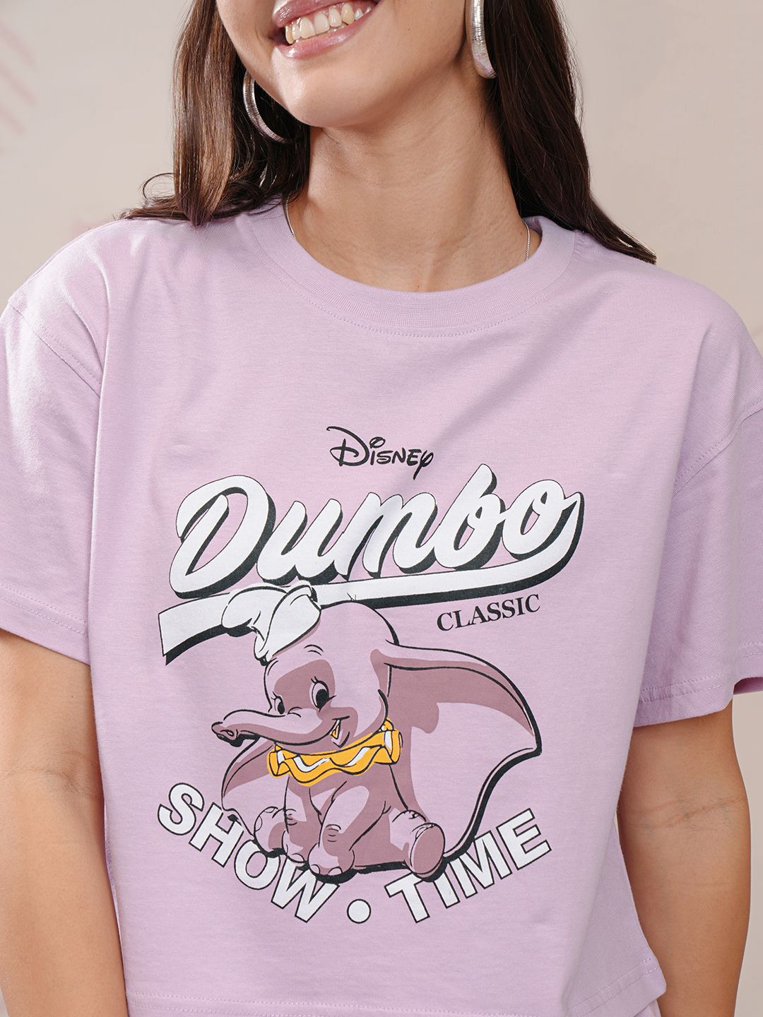 Tokyo Talkies Lavender Dumbo Printed Round Neck Short Sleeves T Shirt With Trouser
