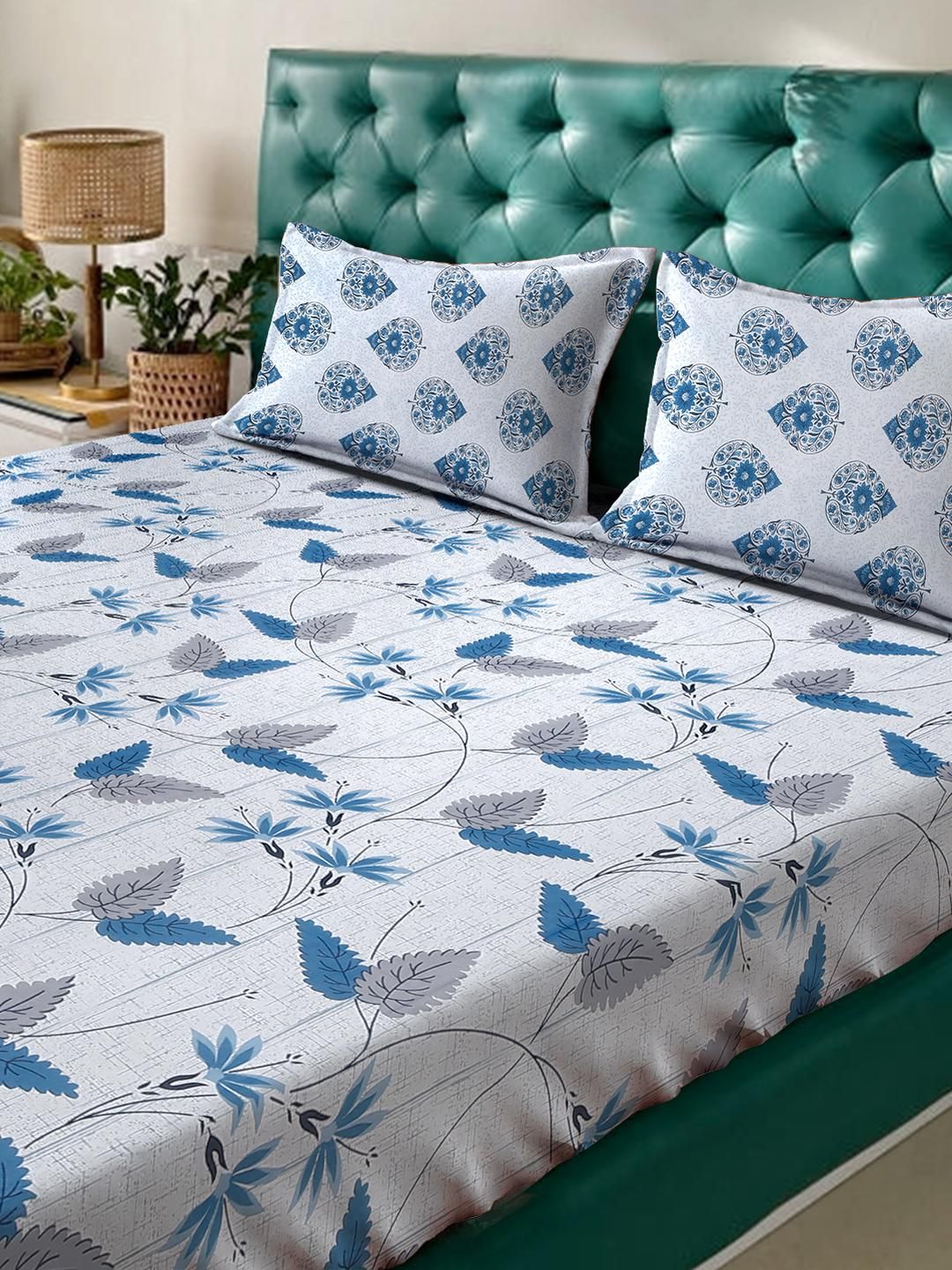 KLOTTHE Blue And Grey Floral Printed Cotton 400 TC Double Bedsheet Set 2.50 m x 2.20 m