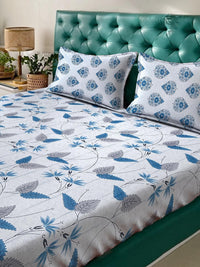 KLOTTHE Blue And Grey Floral Printed Cotton 400 TC Double Bedsheet Set 2.50 m x 2.20 m