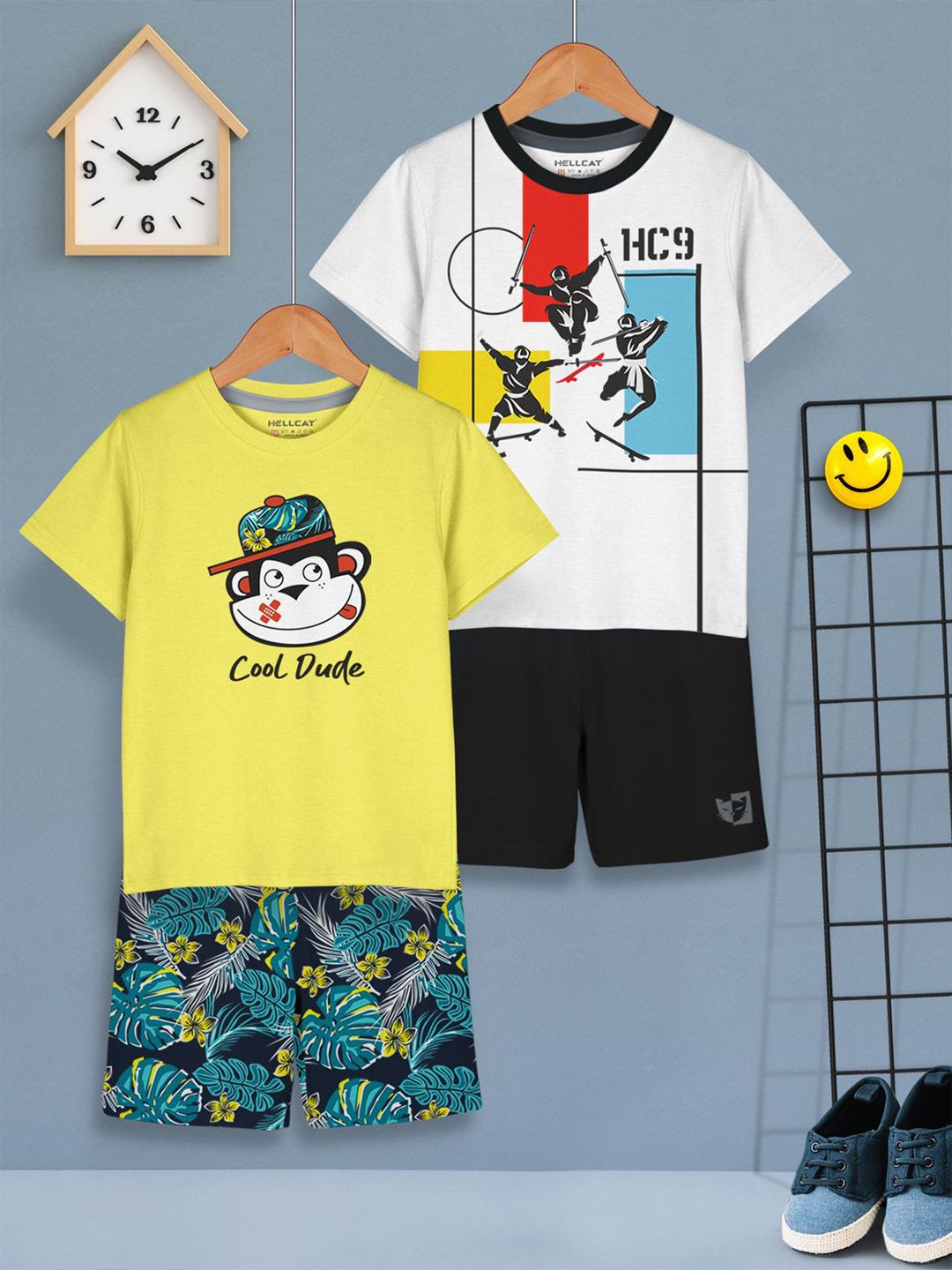 HELLCAT Boys Pack of 2 Printed Round Neck T-Shirts With Shorts
