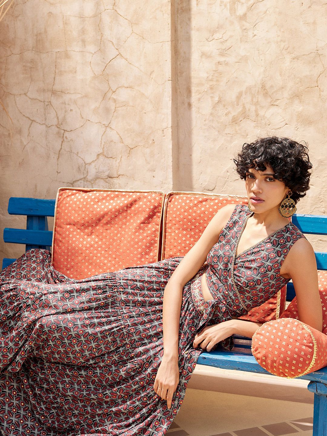 Global Desi Geometric Printed Sleeveless Top With Skirt