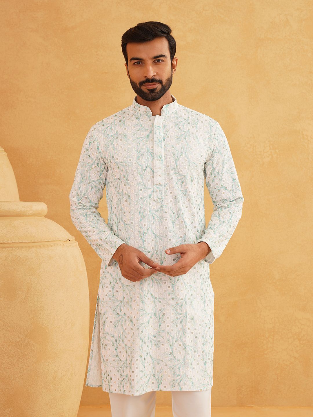 SOJANYA Kolar Mandarin Sulam Geometrik Kapas Tulen Kurta Panjang Lurus