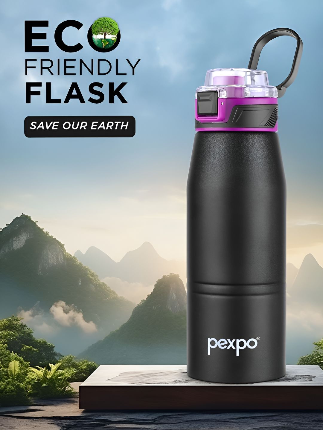 Pexpo Black & Purple Printed Stainless Steel Double Wall Vacuum Water Bottle-740 ml