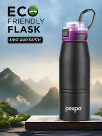 Pexpo Black & Purple Printed Stainless Steel Double Wall Vacuum Water Bottle-740 ml