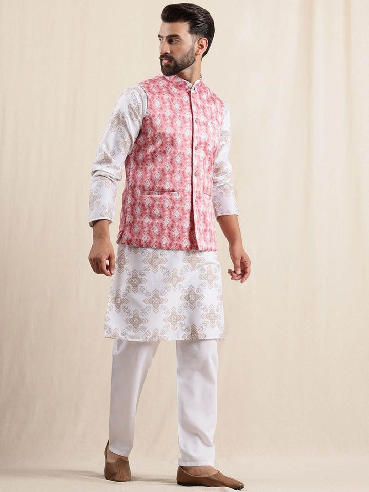 Anouk Geometric Printed Linen Straight Kurta With Pyjamas & Nehru Jacket