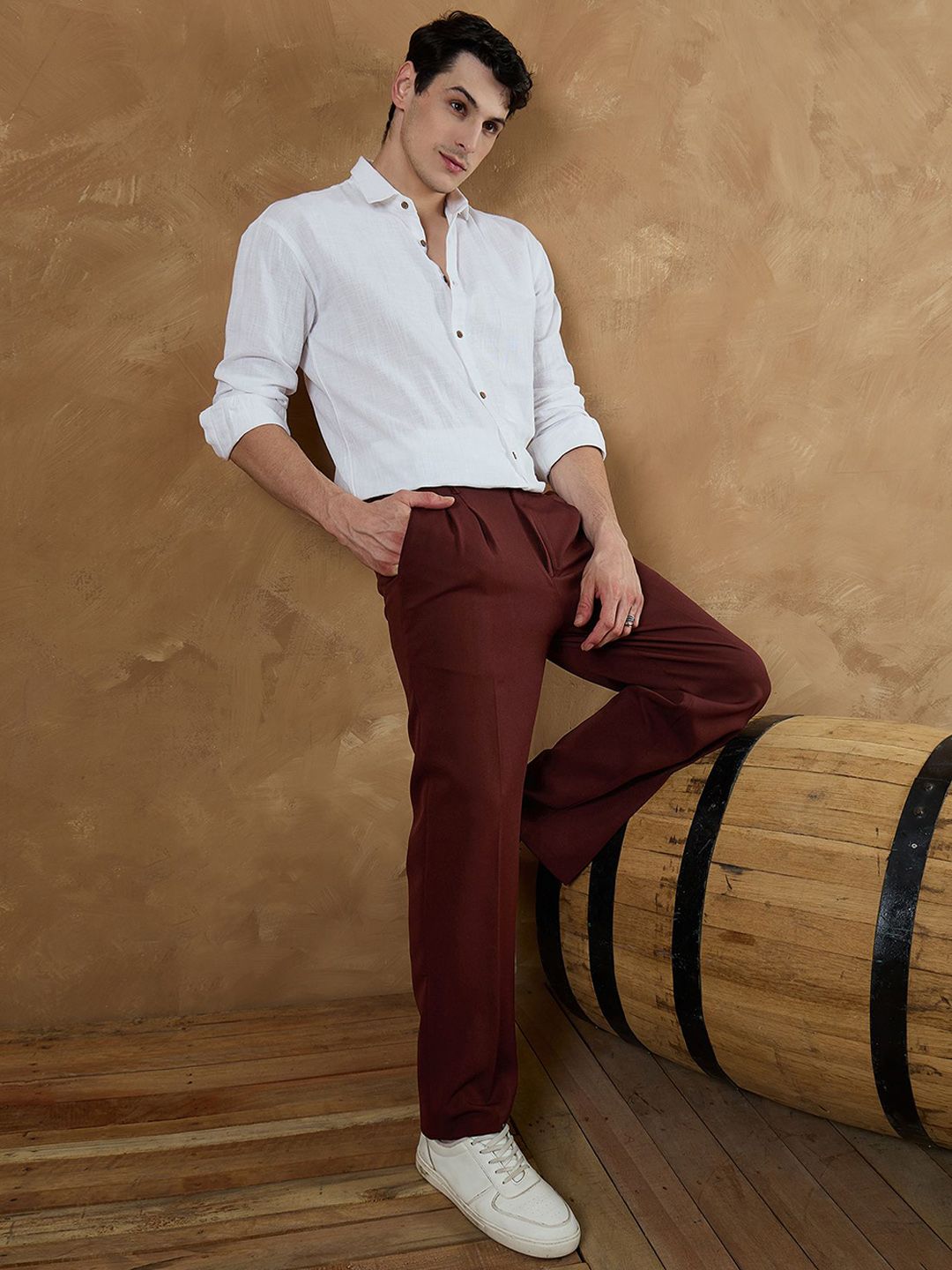 DENNISON Men Relaxed Baggy Mid-Rise Easy Wash Pleated Korean Pants Trousers