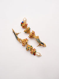 PANASH Gold-Plated Artificial Stones Studded And Beaded Peacock Shaped Drop Earrings