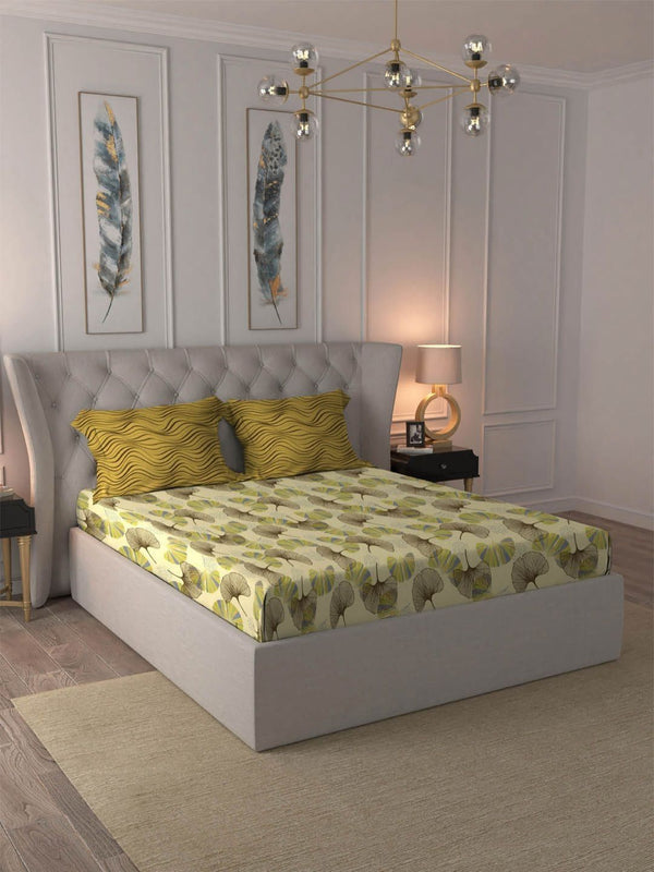 MYTRIDENT Dandelion Yellow Dusk & Dawn Flat 144TC Queen Cotton Bedsheet & 2 Pillow Covers