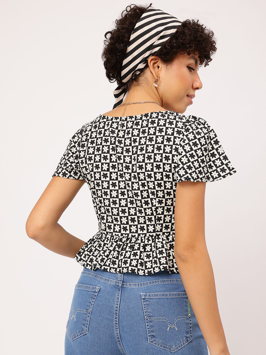 DressBerry Checked-Out Chic Floral Monochrome Peplum Top
