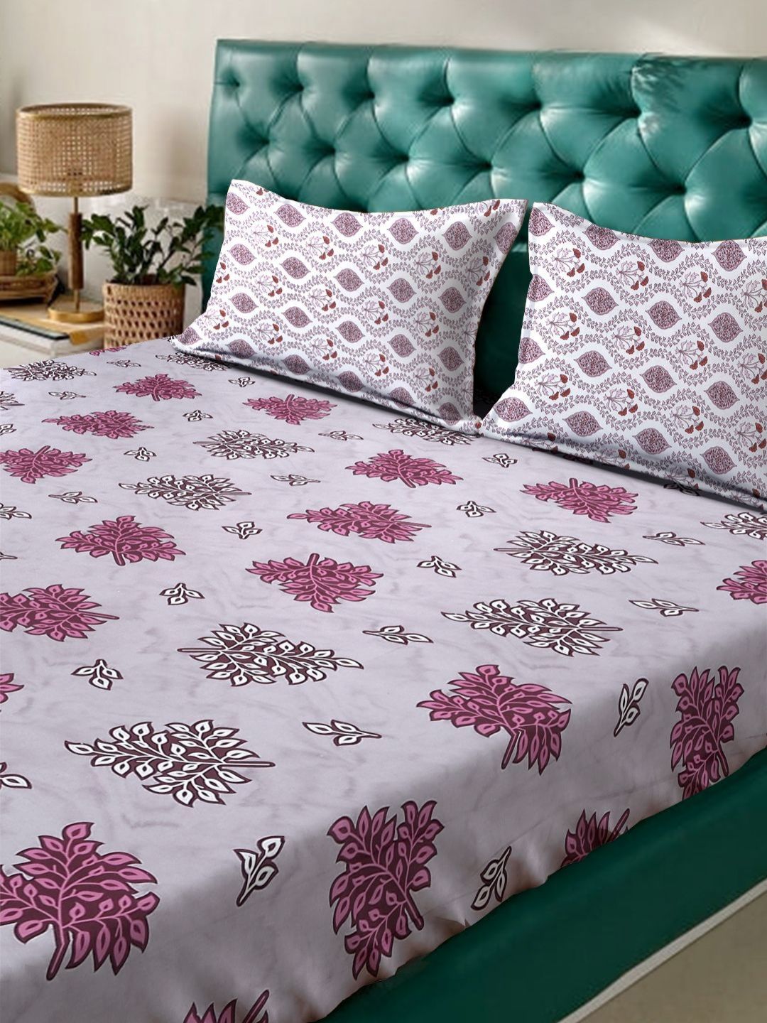 KLOTTHE Purple Leaf Cotton 400 TC King Fine Bedsheet with 2 Pillow Covers-98 x 89 inches