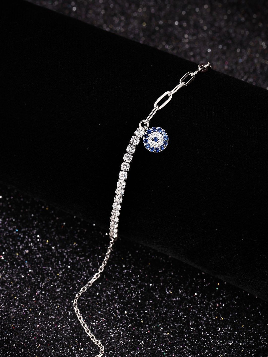 PANASH 925 Sterling Silver Rhodium-Plated Cubic Zirconia Studded Charms Bracelet