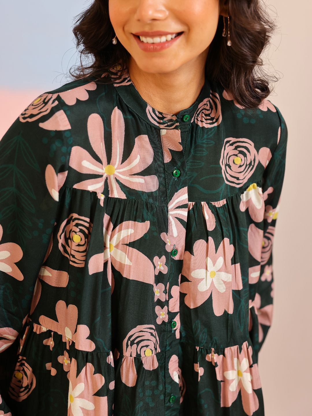 SANSKRUTIHOMES Women Green Mandarin Collar Silk Blend Printed Co-Ords Set