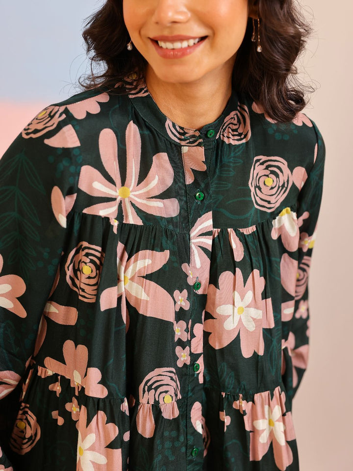 SANSKRUTIHOMES Women Green Mandarin Collar Silk Blend Printed Co-Ords Set