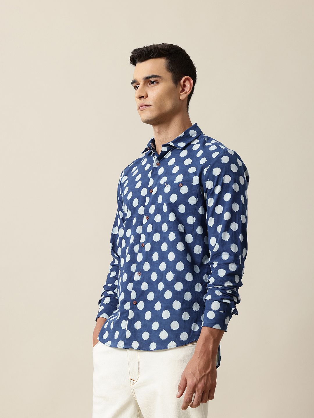 Mr Bowerbird Tailored Fit Organic Cotton Polka Dot Hand Printed Casual Shirt