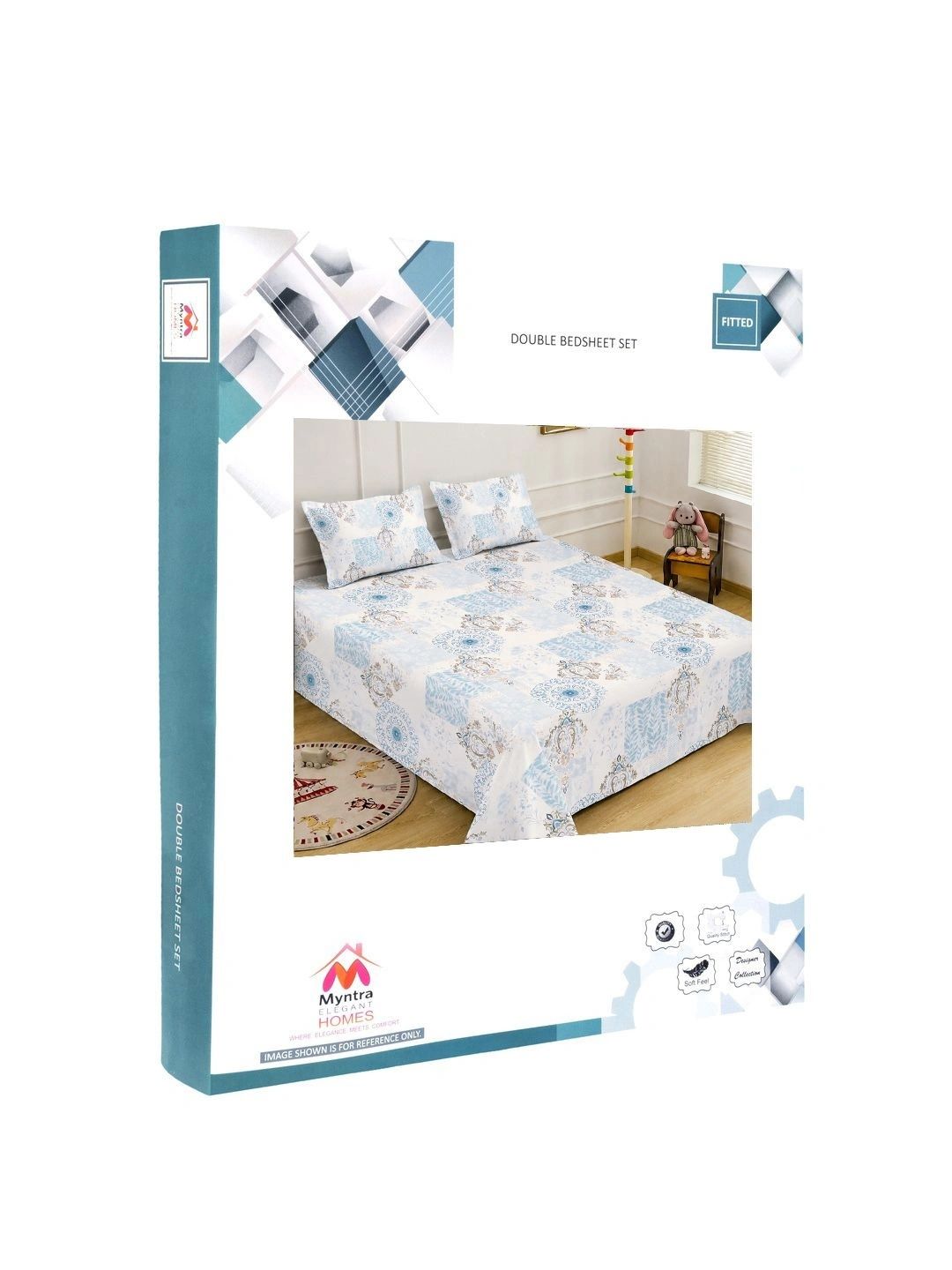 Myntra Elegant Homes Blue Geometric 400 TC Cadar dengan 2 Sarung Bantal