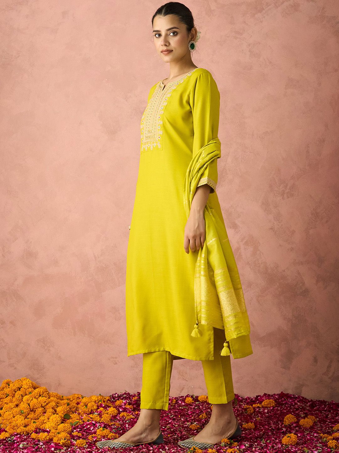 KALINI Ethnic Motifs Embroidered Sequinned Straight Kurta With Trouser & Dupatta