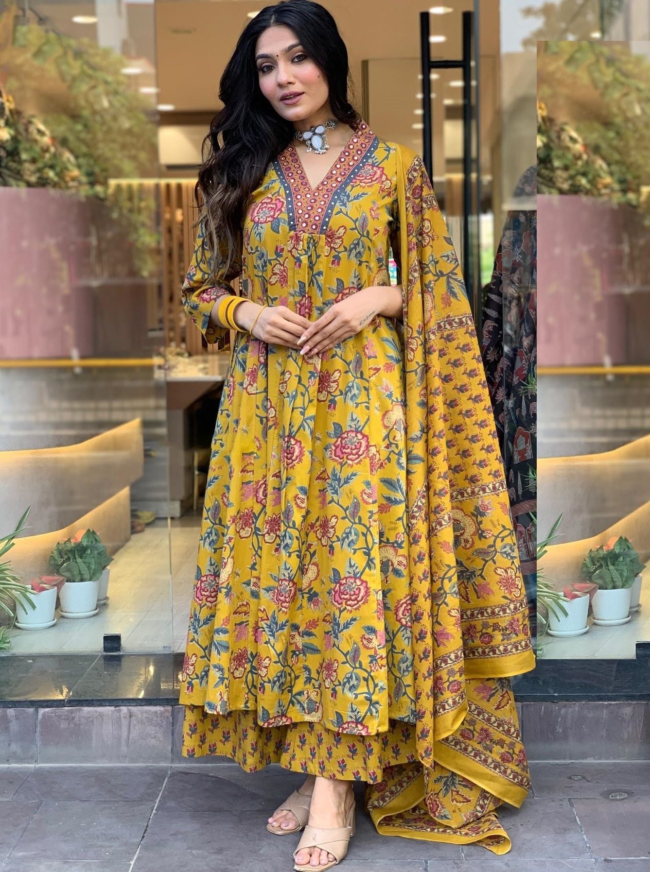 KALINI Floral Printed V-Neck Pleated A-Line Kurta With Palazzo And Dupatta