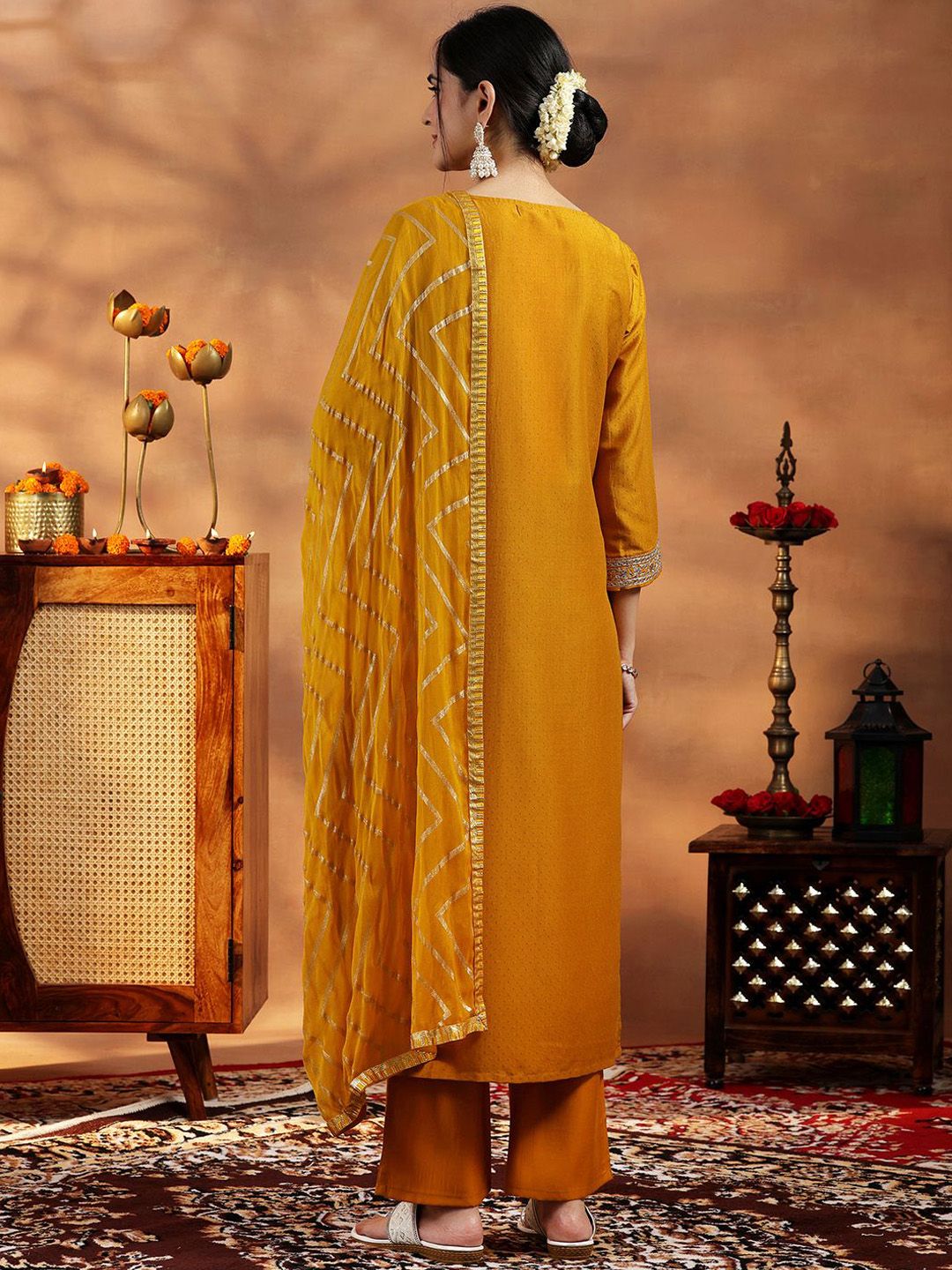 Libas Paisley Yoke Design Thread Work Straight Kurta with Trousers & With Dupatta