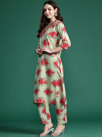 Indo Era Floral Printed Mirror Work Pure Cotton Kurta with Trousers