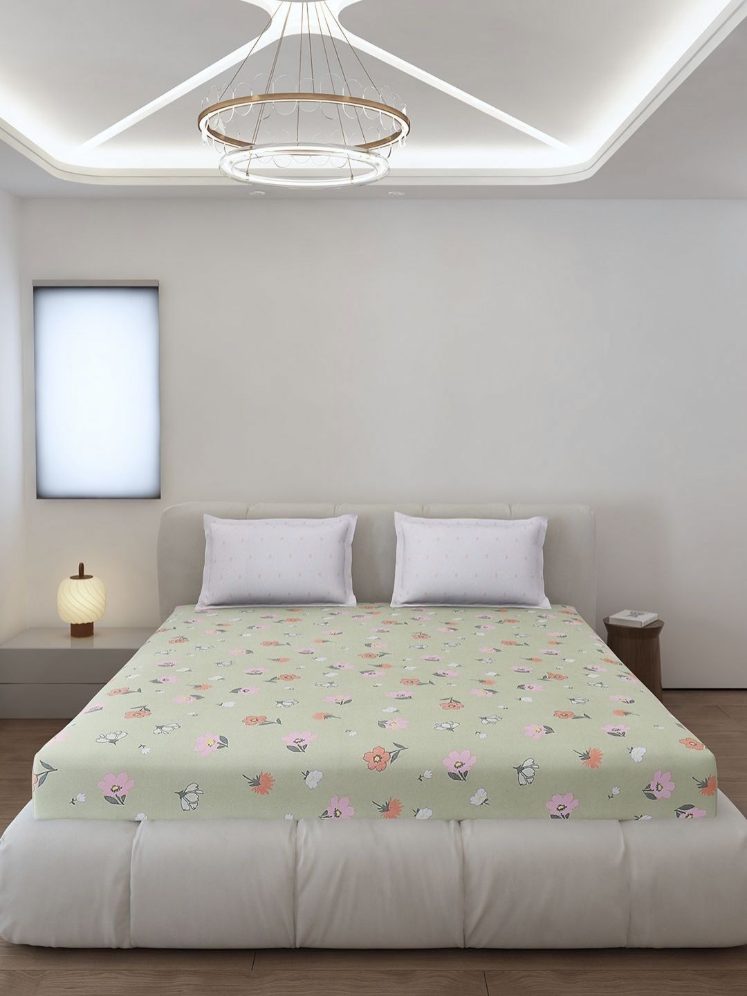 Monte Carlo Edmond Green & Pink Floral Printed 144 TC King Bedsheet Set 2.70 m x 2.70 m