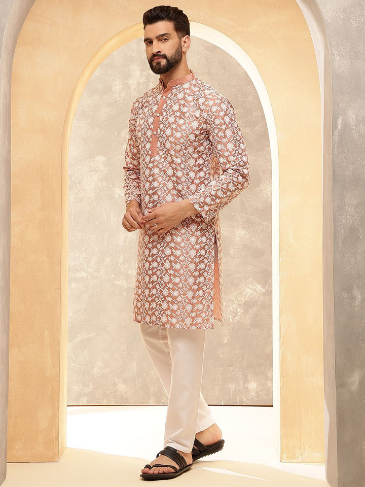 Anouk Peach Floral Embroidered Mandarin Collar Straight Kurta With Pyjamas