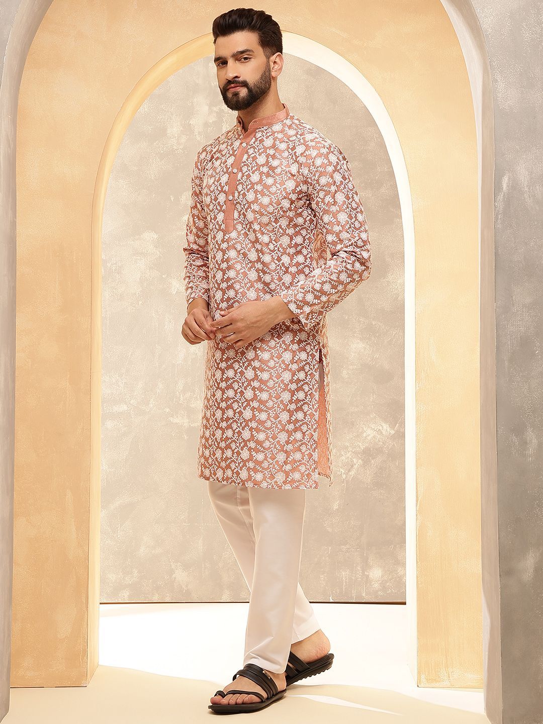 Anouk Peach Floral Embroidered Mandarin Collar Straight Kurta With Pyjamas