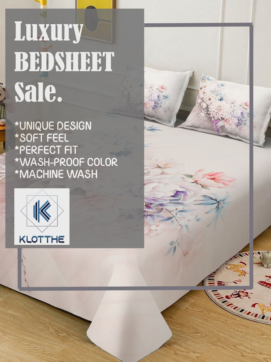 KLOTTHE White & Pink Floral Printed Flat 300 TC King Fine Bedsheet With 2 Pillow Cover