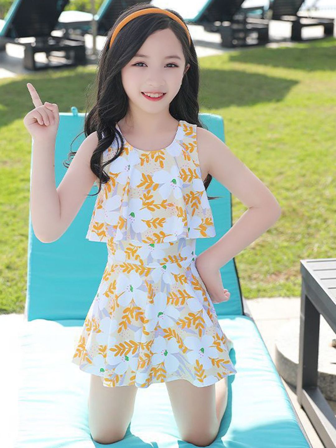 YK Girls Floral Printed Round Neck Swim Dress