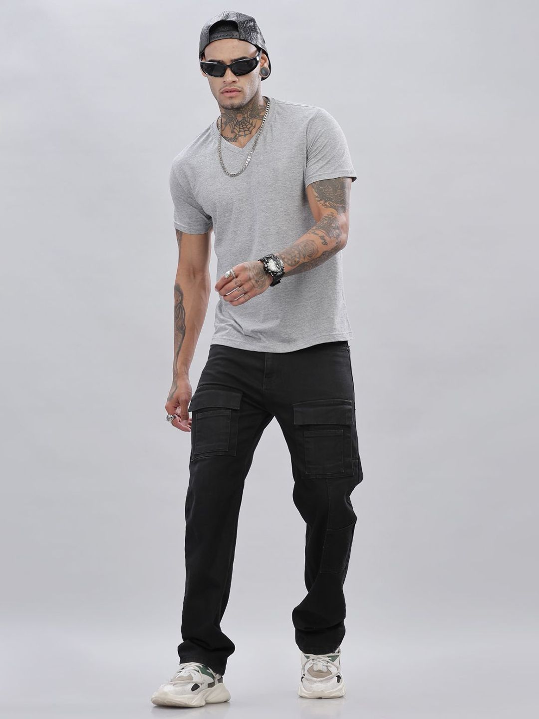ADRO Men Solid V-Neck Cotton T-shirt