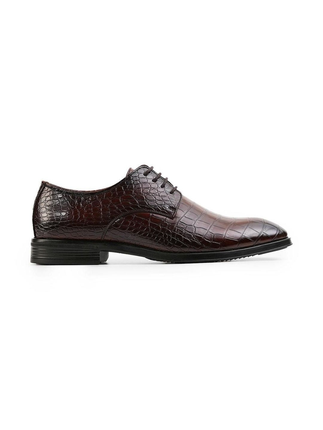 Monkstory Glossy Croc-Effect Lace-Up Oxfords - Coklat Burnish