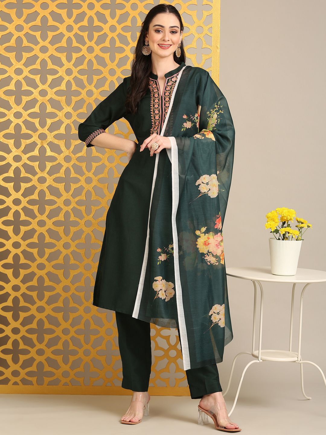 Anouk Floral Embroidered Straight Kurta With Trouser And Dupatta