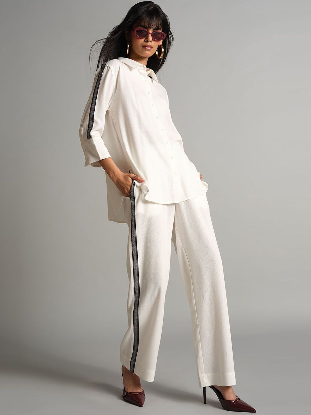 AND Side Stripes-Detail Three-Quarter Sleeves Shirt & Trouser