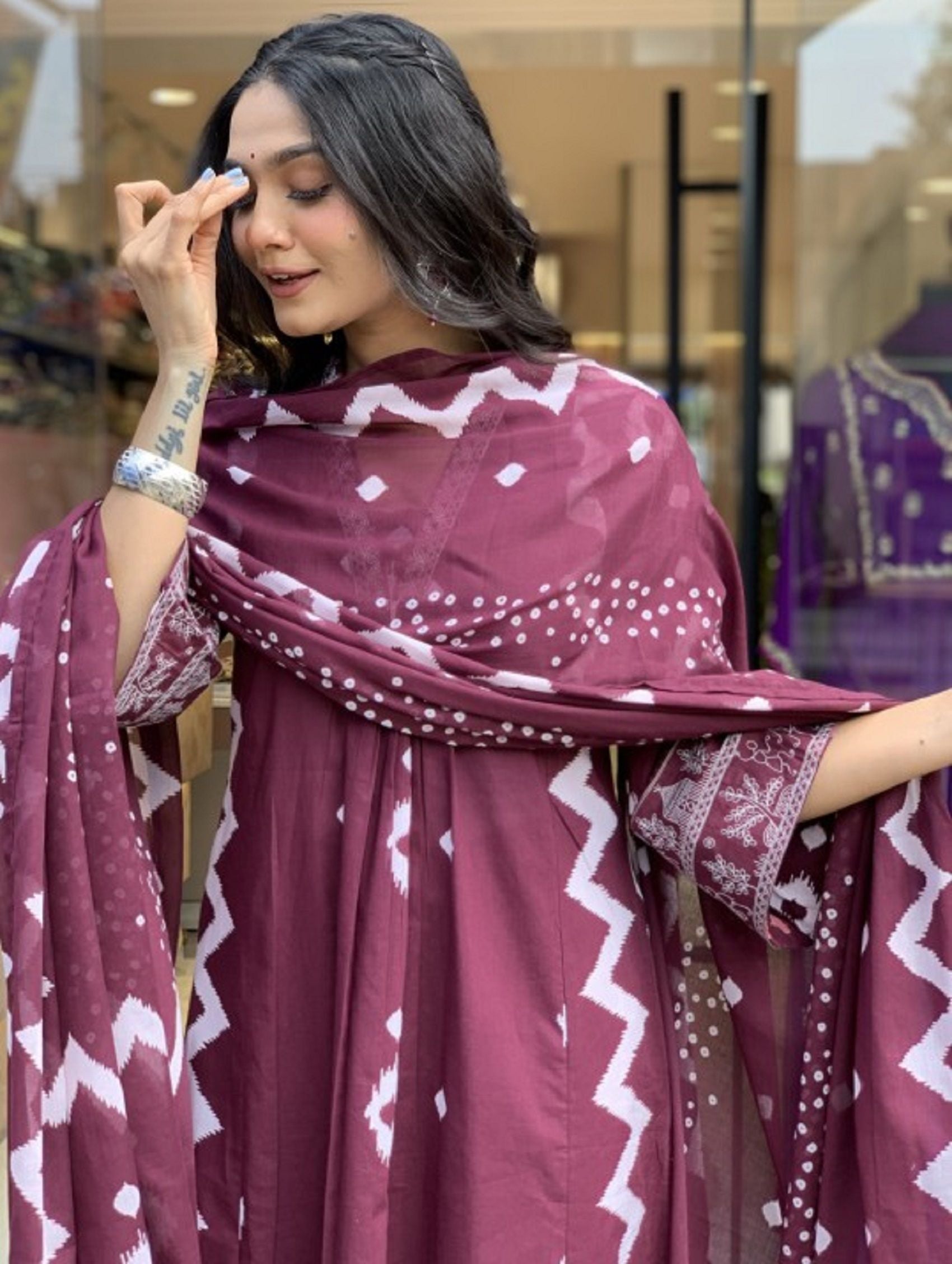 KALINI Geometric Printed Notch Neck Pleated A-Line Kurta With Trouser And Dupatta