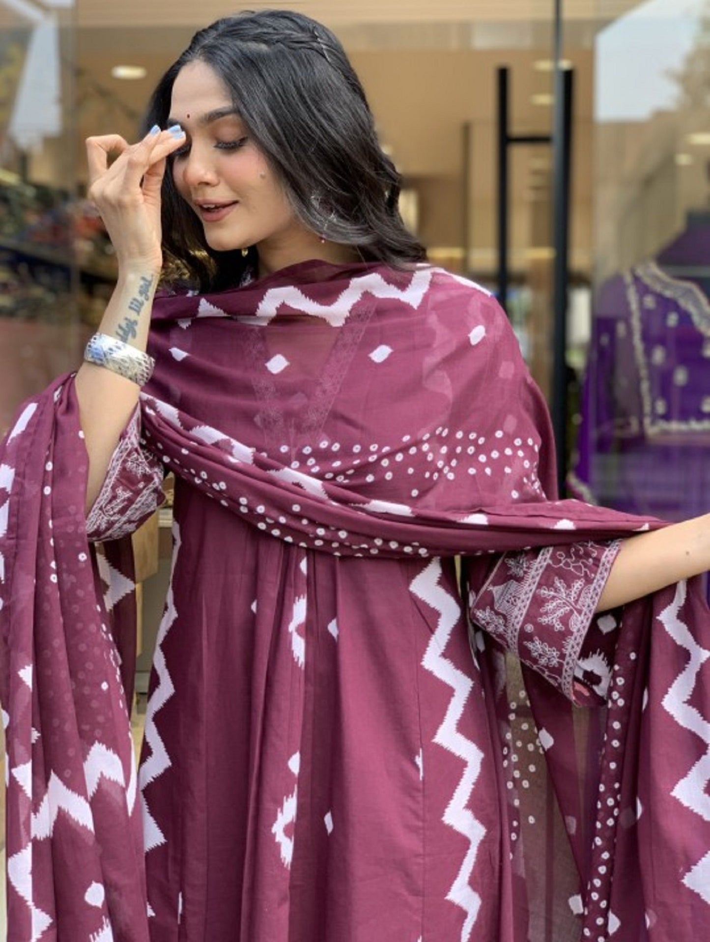 KALINI Geometric Printed Notch Neck Pleated A-Line Kurta With Trouser And Dupatta