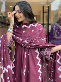KALINI Geometric Printed Notch Neck Pleated A-Line Kurta With Trouser And Dupatta