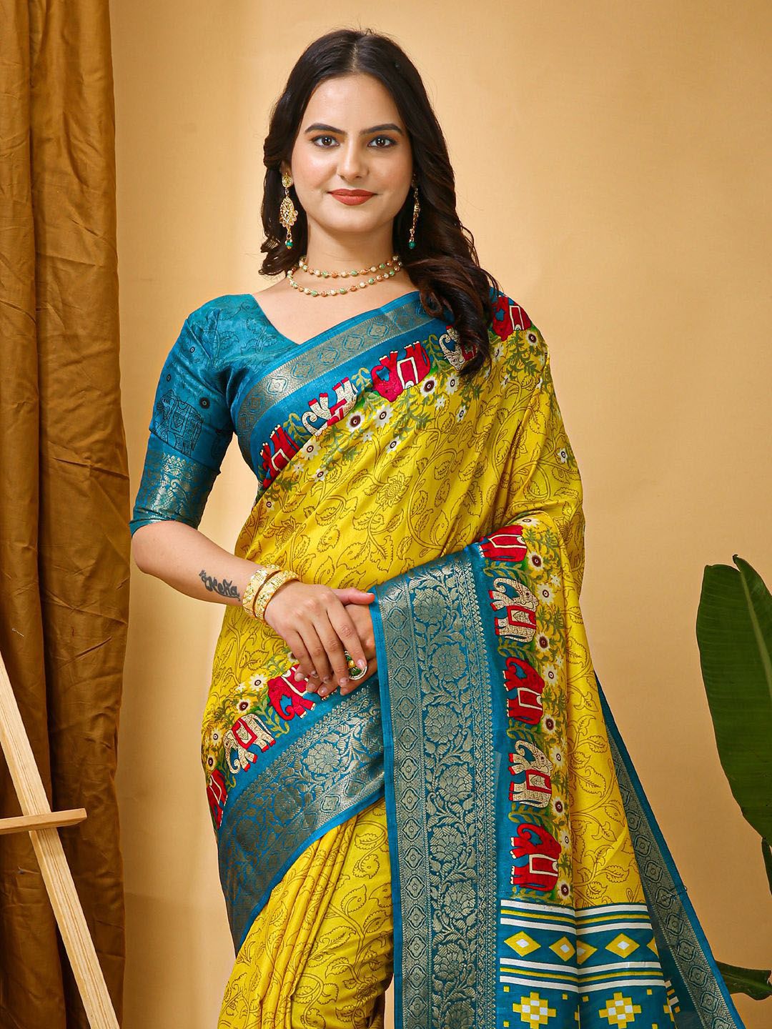 KALINI Kalamkari Printed Sungudi Saree