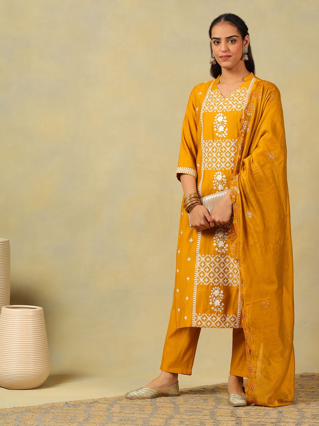 Mamicha Women Ethnic Motifs Embroidered Regular Thread Work Pure Cotton Kurta with Trousers & With Dupatta
