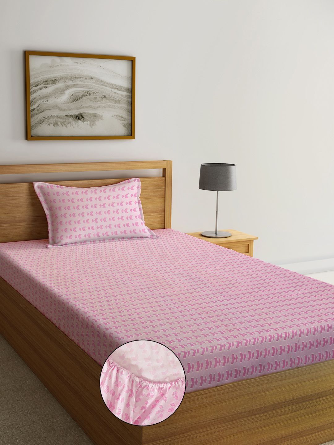 Myntra Elegant Homes Pink Geometric 300 TC Single Bedsheet with 1 Pillow Covers