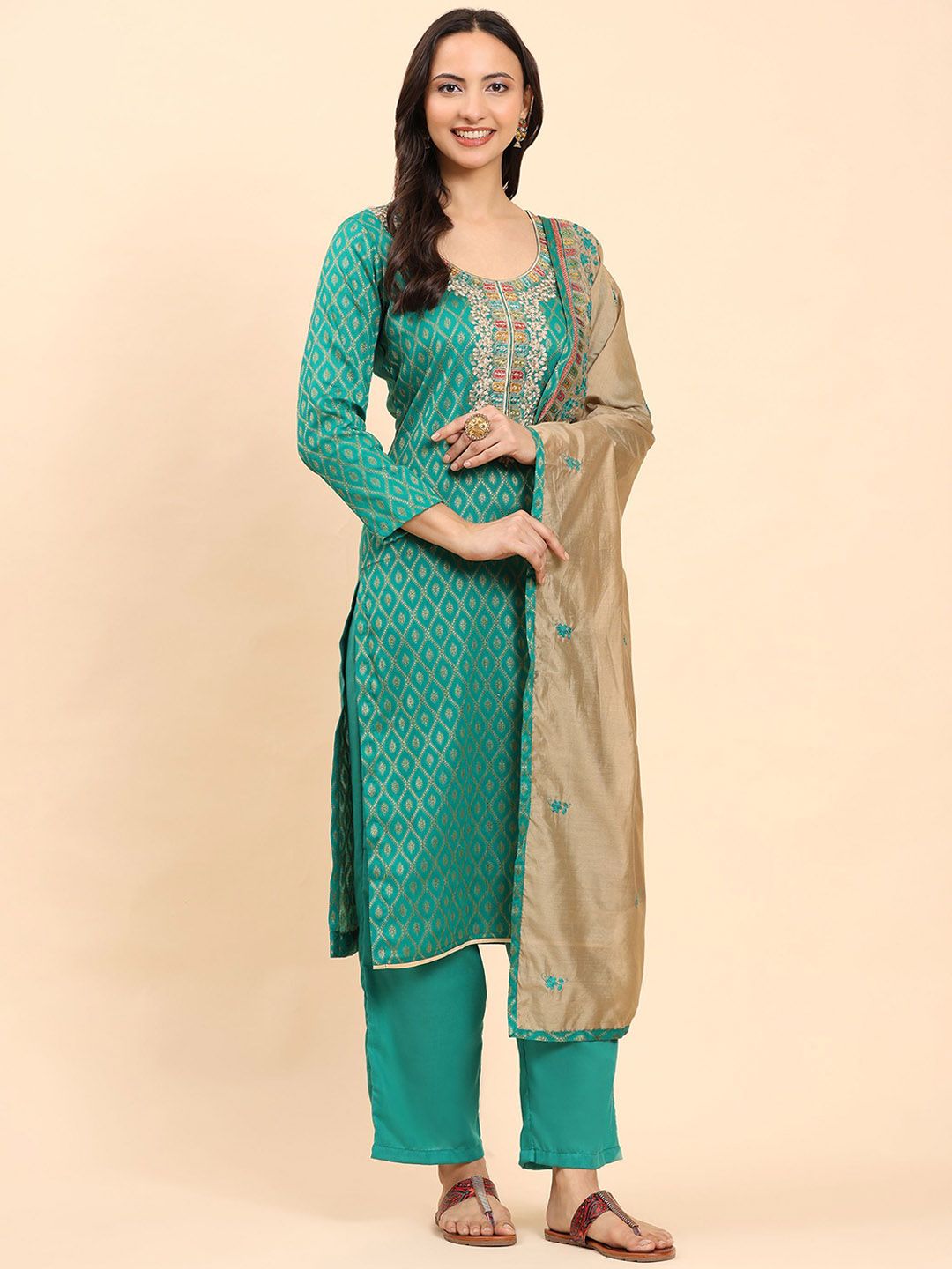 Mamicha Women Ethnic Motifs Embroidered Regular Thread Work Pure Cotton Kurta with Palazzos & With Dupatta