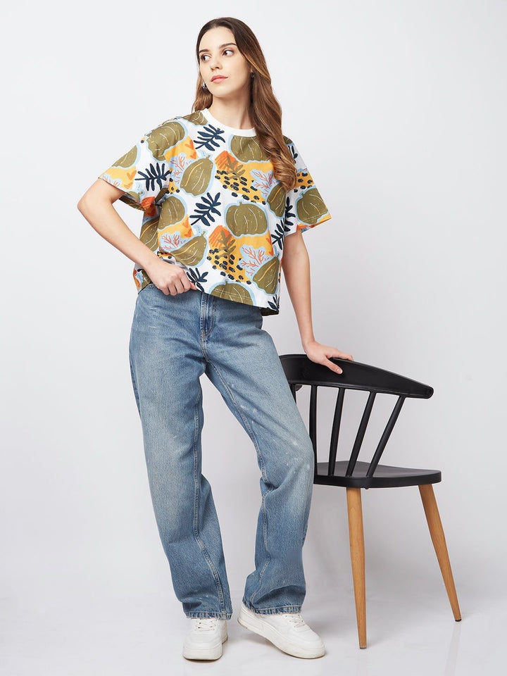 SPYKAR Women Floral Printed Round Neck Cotton Oversized T-shirt