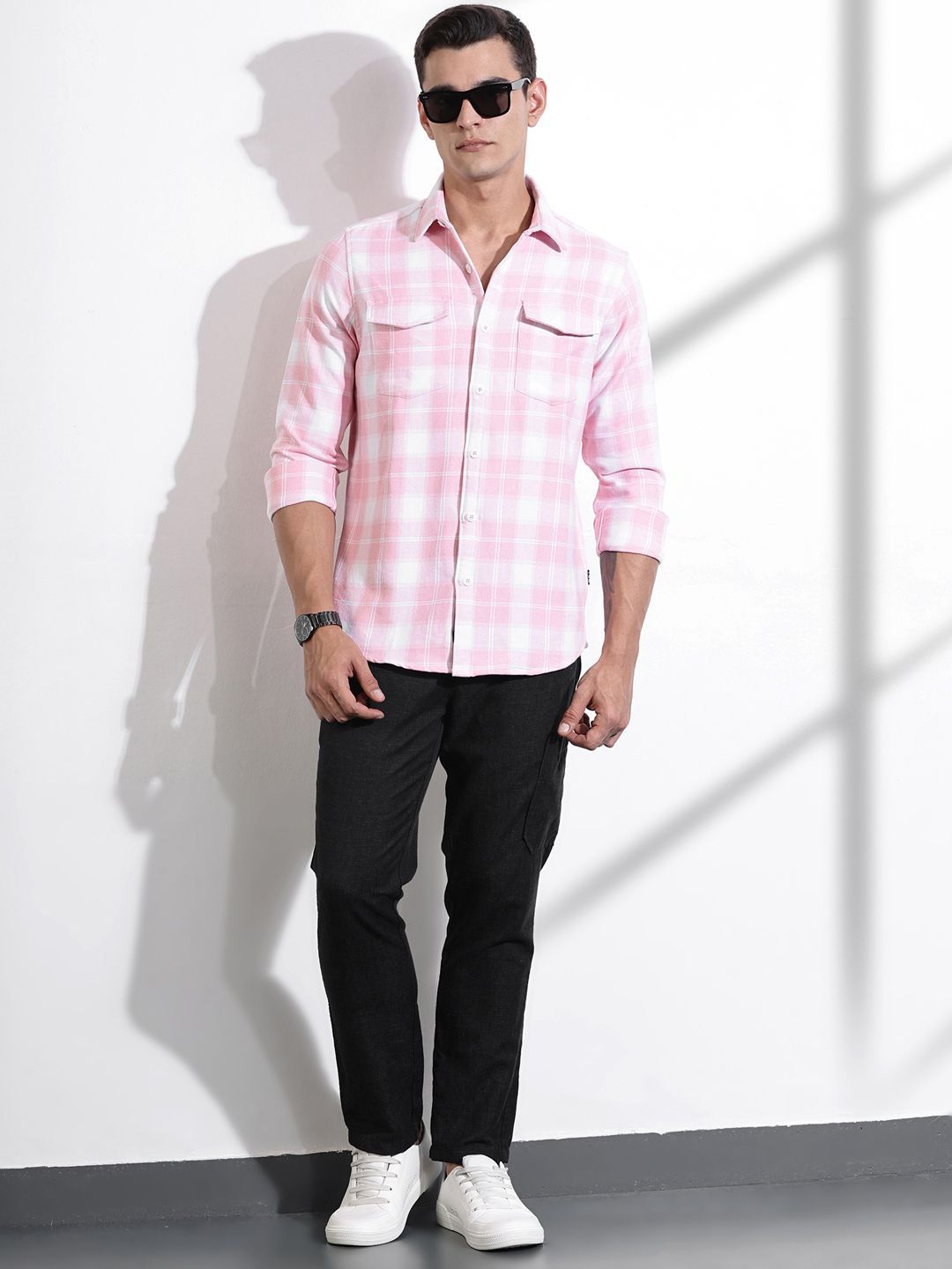 Thomas Scott Men Premium Windowpane Checks Opaque Checked Casual Shirt