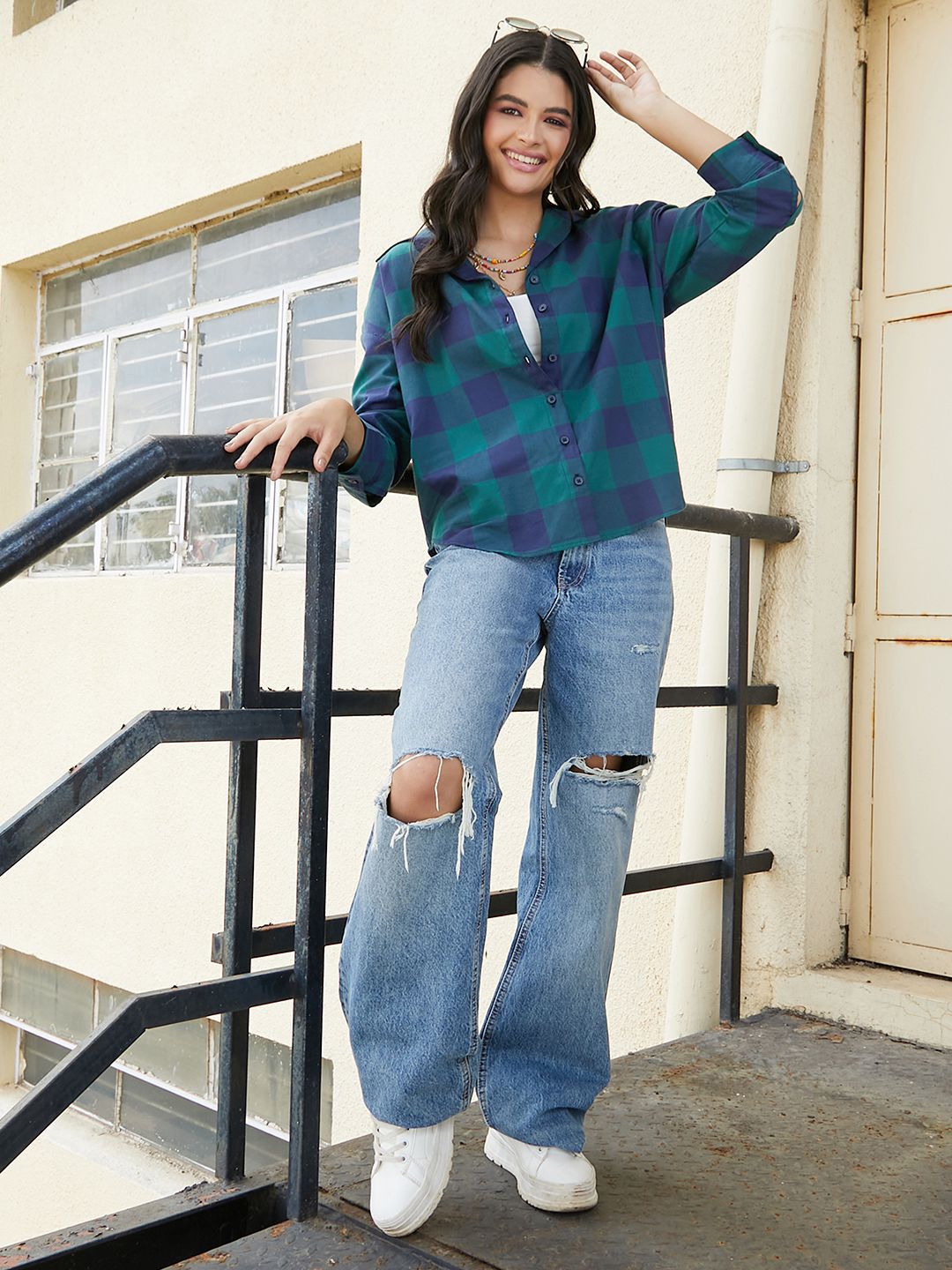 Campus Sutra Women Comfort Spread Collar Checked Oversized Casual Shirt