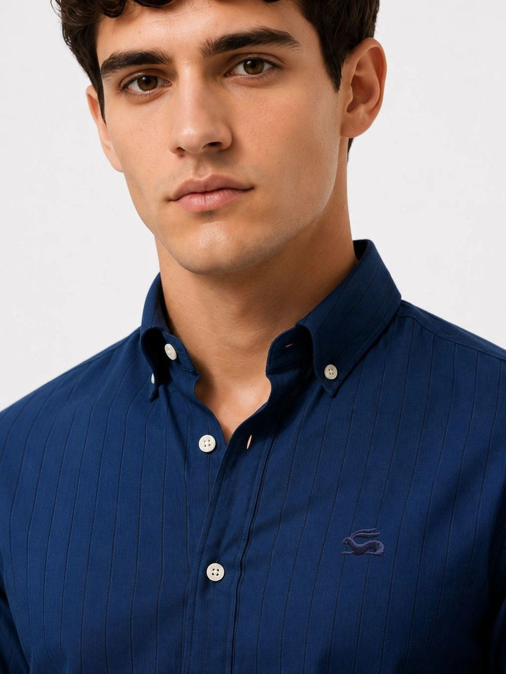 ADRO Men Navy Blue Striped Regular Fit Casual Cotton Shirt