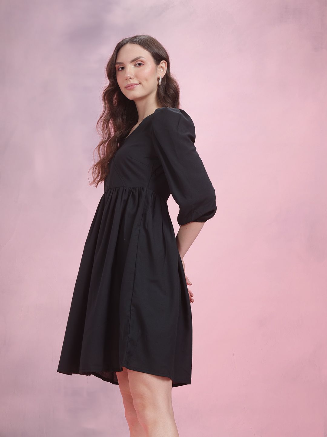DressBerry Faux Wrap Puff Sleeve A-Line Dress