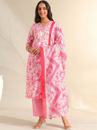 Mamicha Women Floral Printed Regular Pure Cotton Kurta with Trousers & With Dupatta